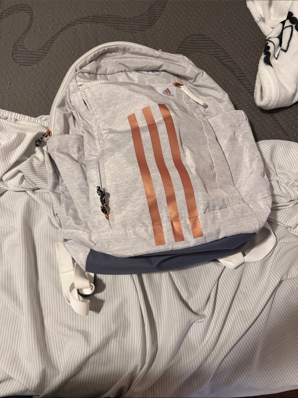 adidas Light Gray Backpack with Copper Stripes - Picture 1 of 4